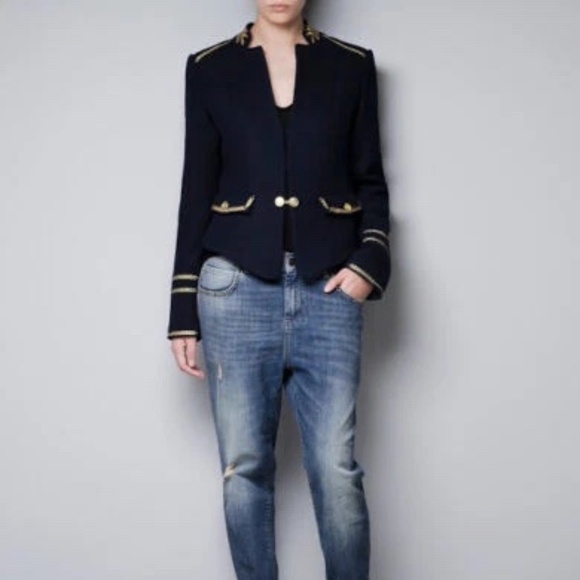 Zara Navy Blue Gold Accent Military Style Jacket